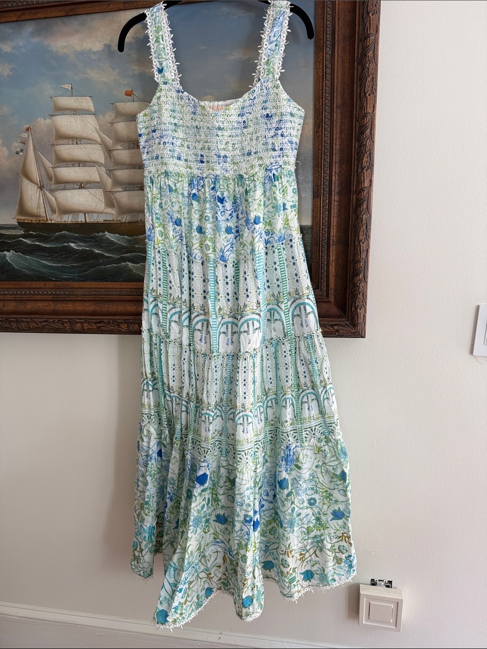 Rococo Sand Blue and Green Floral Smocked Maxi Dress